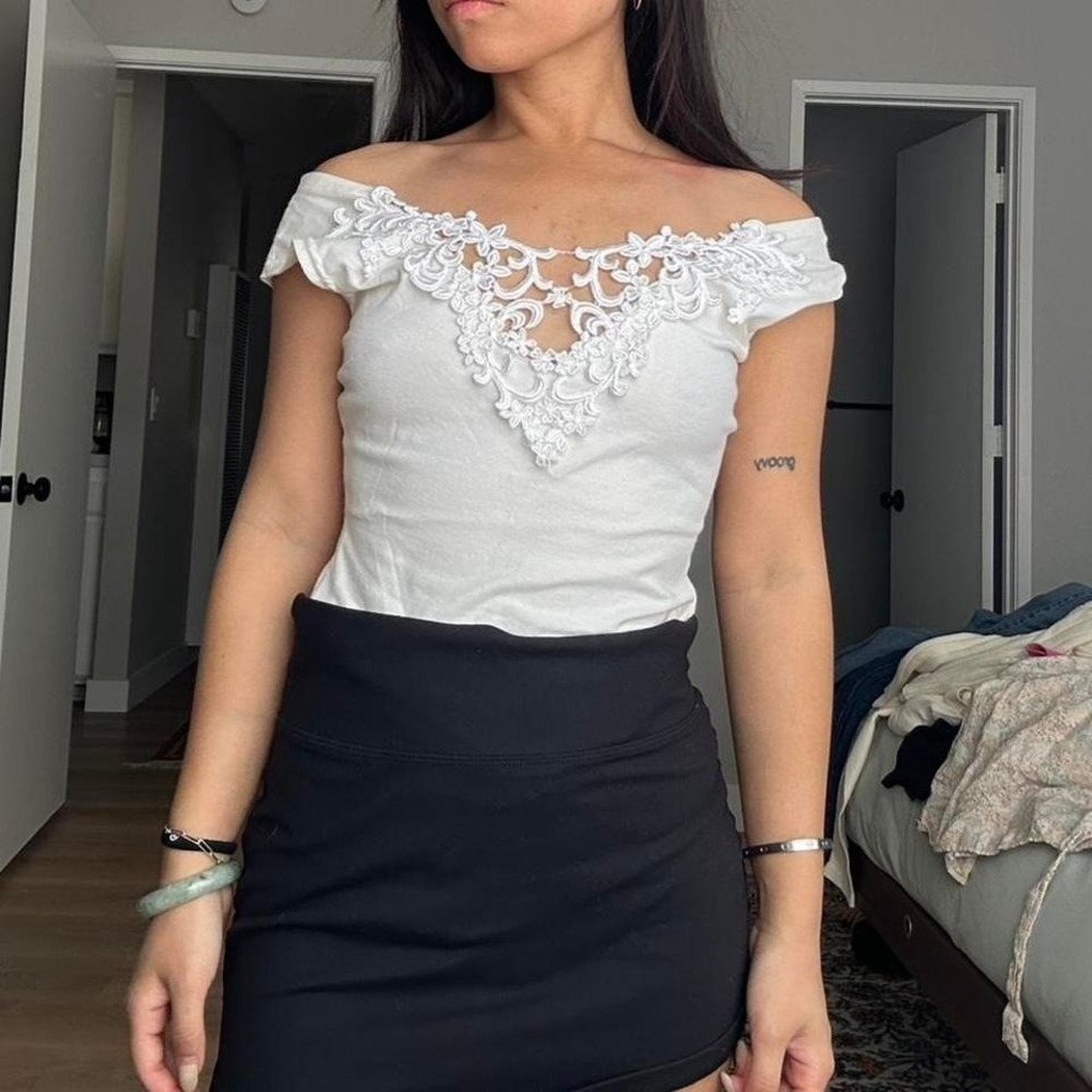 White off the shoulder body suit top with lace detailing